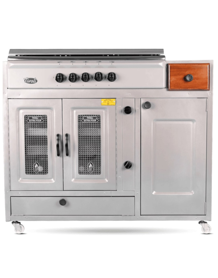 Cuisinière Tivoli 106 cm 5 feux grise avec tiroir et cache bouteille de gaz